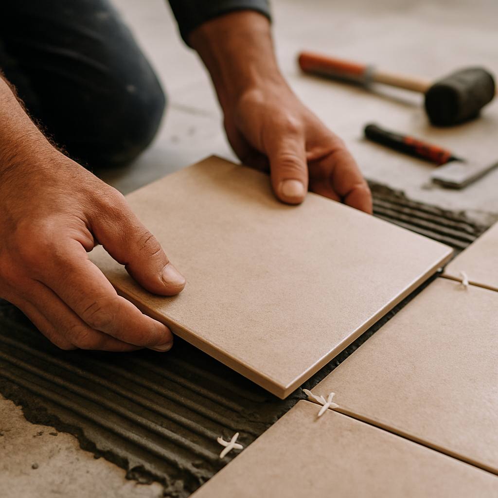 Gros plan sur un artisan carreleur vérifiant la planéité d'un sol avant la pose de carrelage.