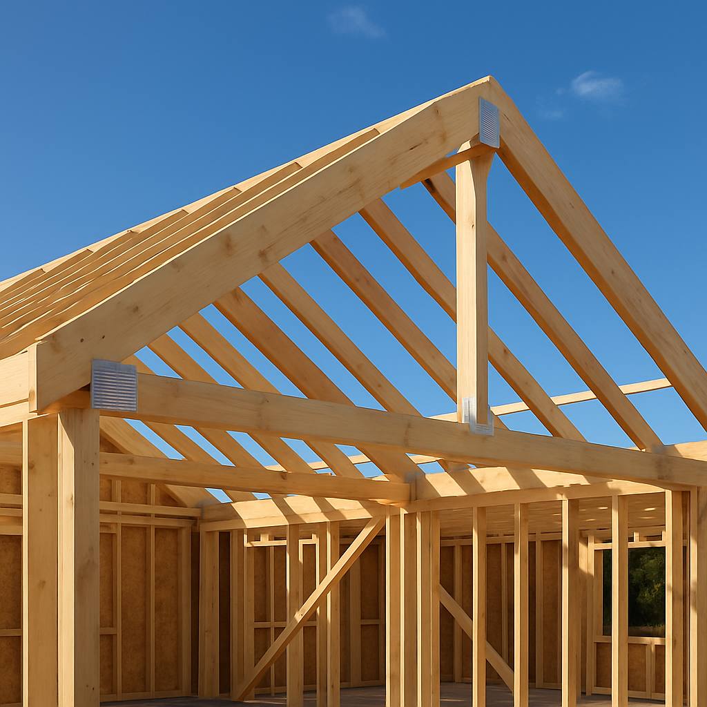 Toit d'une maison en construction avec des éléments de charpente en bois exposés au soleil.