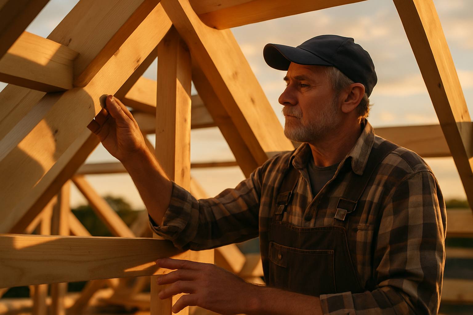 Image d'un charpentier inspectant une charpente en bois, au coucher du soleil, ambiance rassurante et professionnelle.