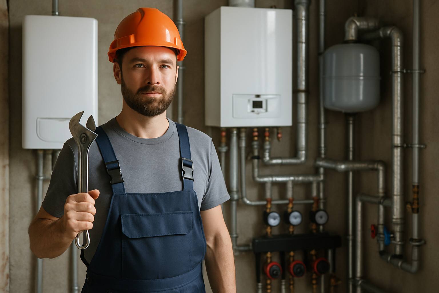 Photo d'un chauffagiste professionnel sur un chantier, tenant une clé à molette, avec des tuyaux en arrière-plan.
