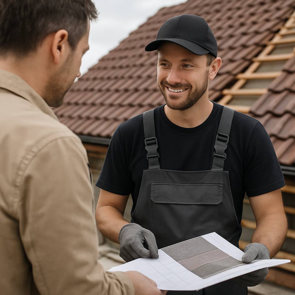 Couvreur discutant avec un client sur un chantier de toiture, montrant des plans ou des échantillons de matériaux.