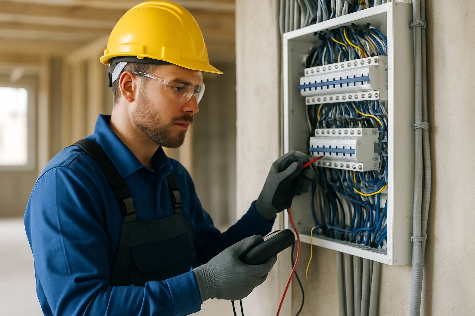 Photo réaliste d'un électricien en plein travail sur un chantier, tenant un outil et vérifiant un tableau électrique, lumière vive, ambiance professionnelle et sécuritaire.
