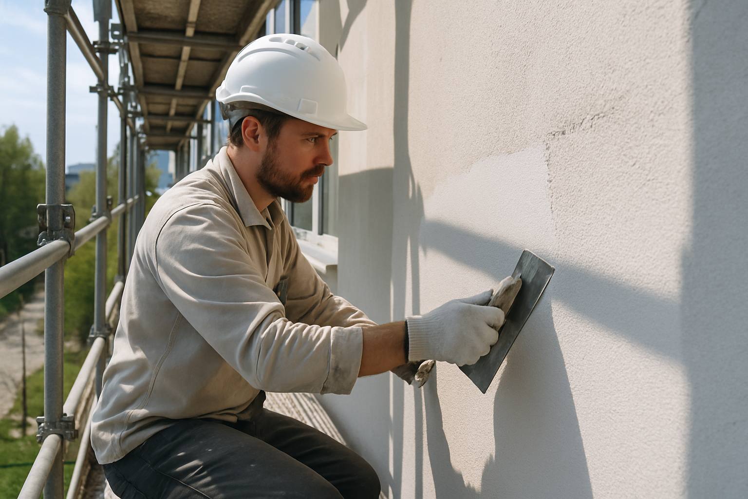 'Image à la une : un artisan façadier sur un échafaudage, effectuant des travaux sur une façade de bâtiment'
