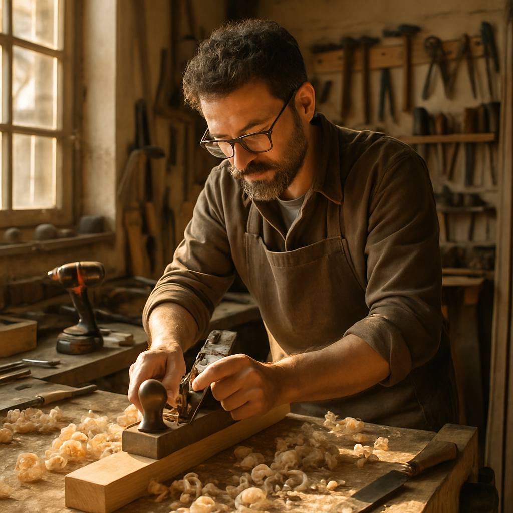 Vue d'un menuisier travaillant le bois dans son atelier, outils à bois visibles, copeaux de bois au sol, lumière douce.