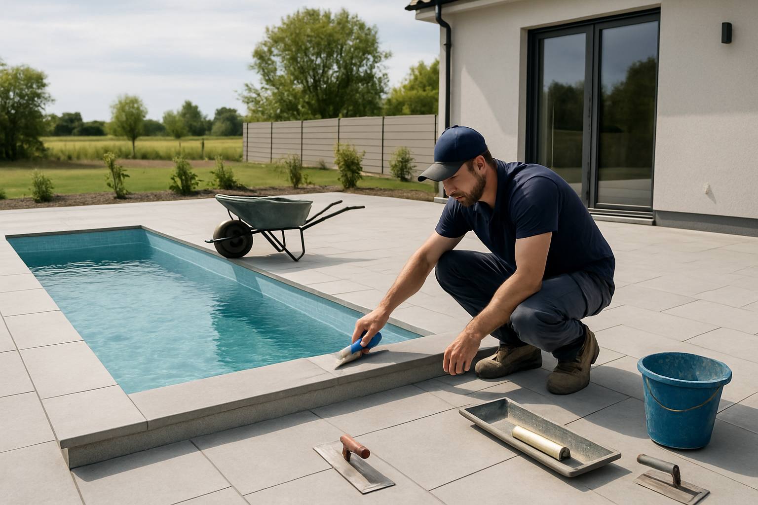 'Image à la une : Piscinier en train de finaliser les travaux d''une piscine moderne, avec des outils et des équipements, dans une ambiance de chantier propre et professionnel.'