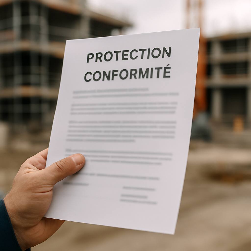 Main d'un professionnel tenant une attestation d'assurance décennale, symbolisant la conformité légale et la protection.