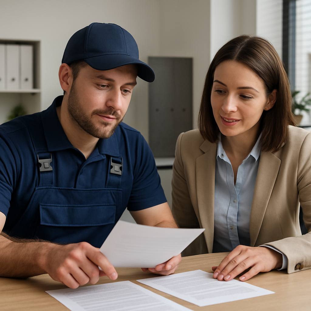 Plombier discutant avec un client dans un bureau, documents sur la table.