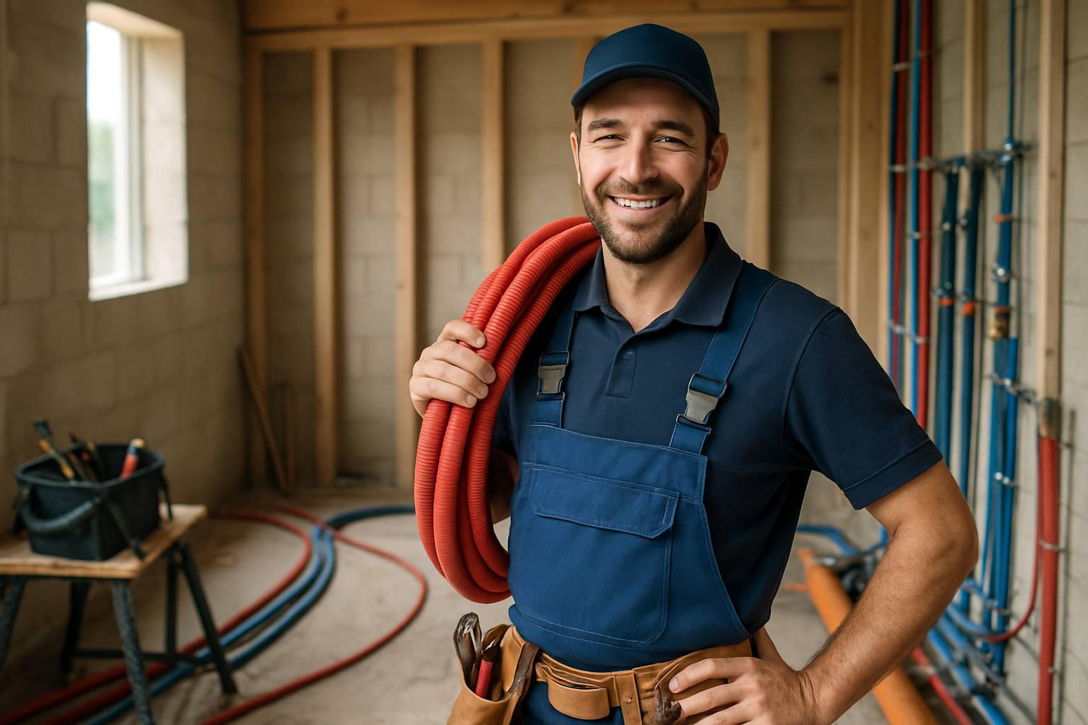 'Image à la une : un plombier souriant et professionnel sur un chantier, avec des outils et des tuyaux en arrière-plan, lumière naturelle, ambiance rassurante.'