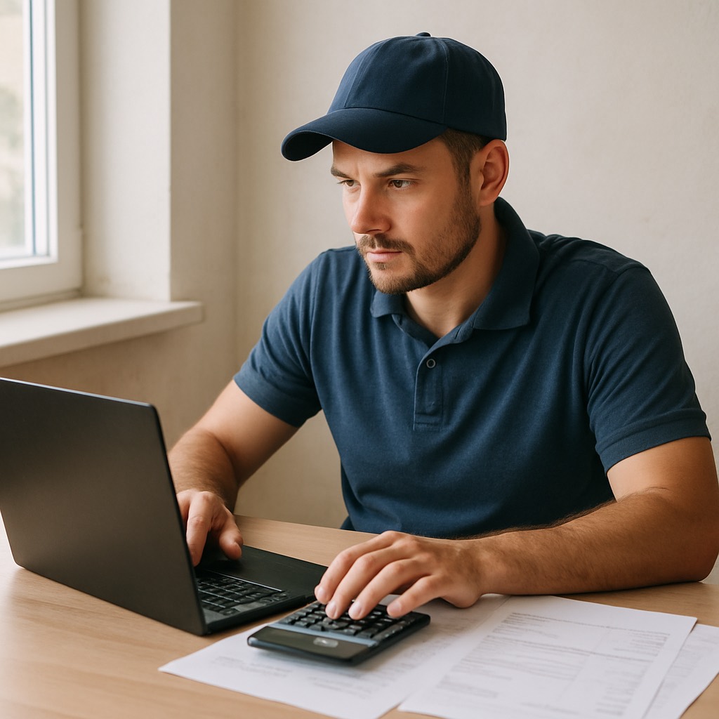 Auto-entrepreneur du bâtiment travaillant sur un ordinateur portable avec calculatrice et devis