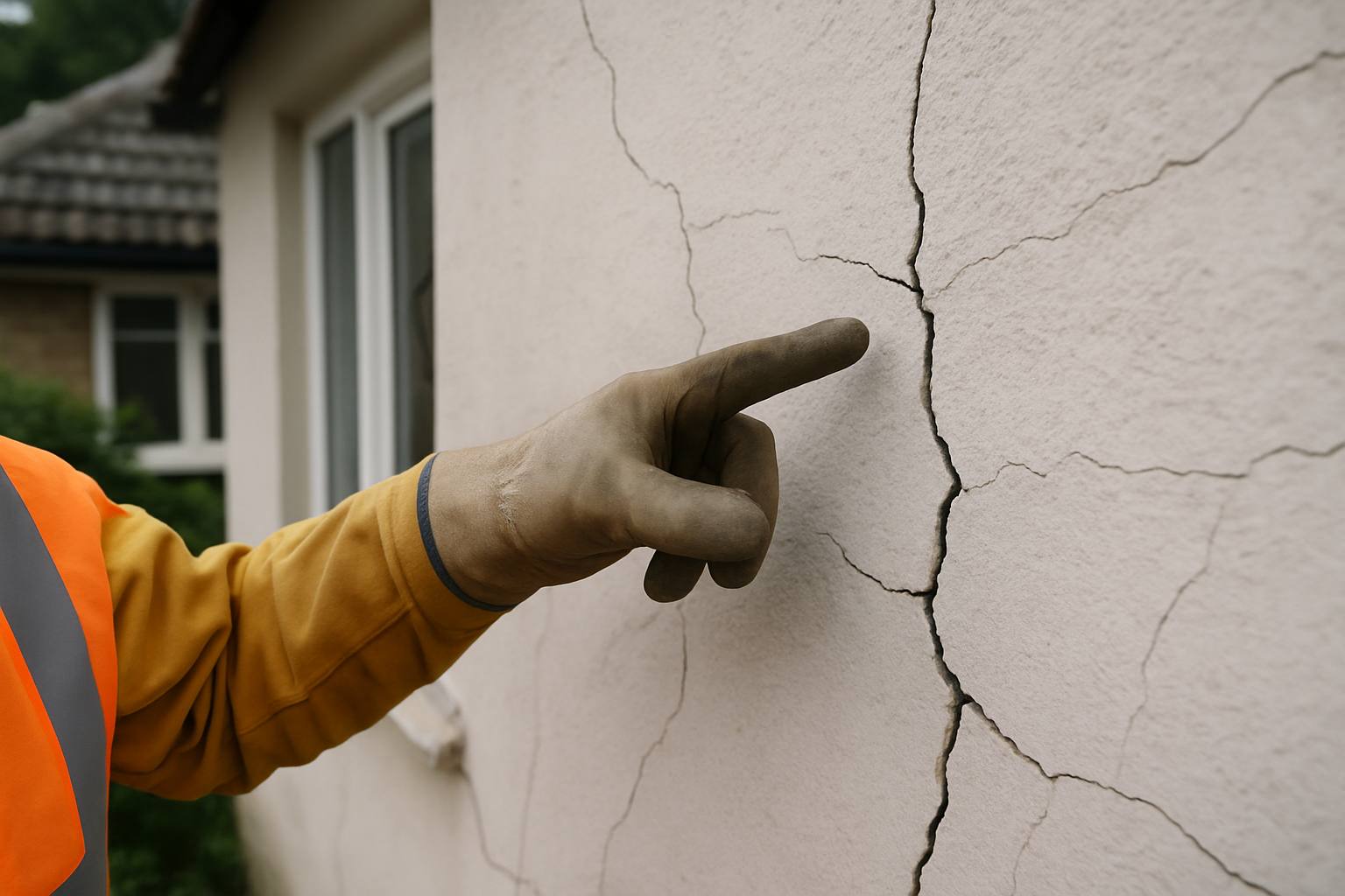 Main d'un artisan examinant des fissures sur un mur, symbolisant la constatation d'un désordre décennal.