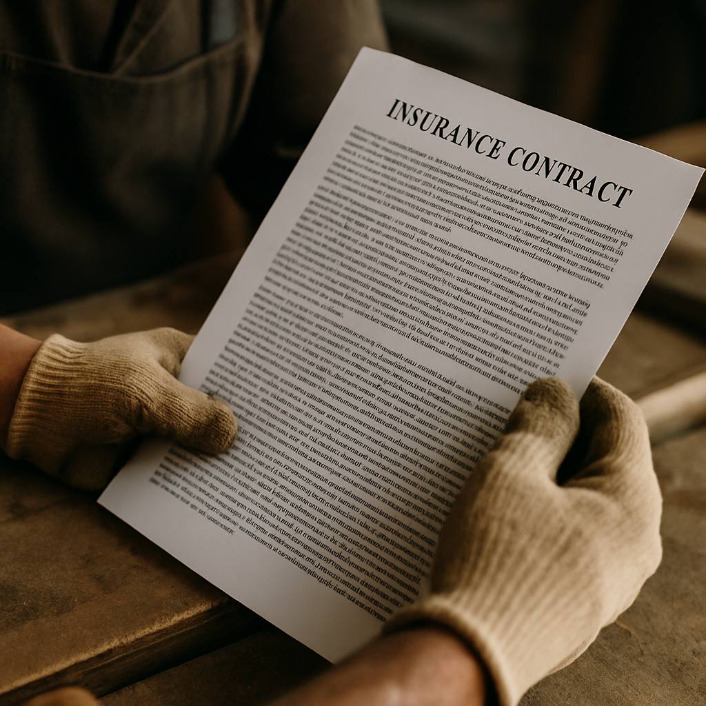 Gros plan sur les mains d'un artisan en train de lire attentivement un contrat d'assurance, soulignant l'importance de la lecture des conditions générales.