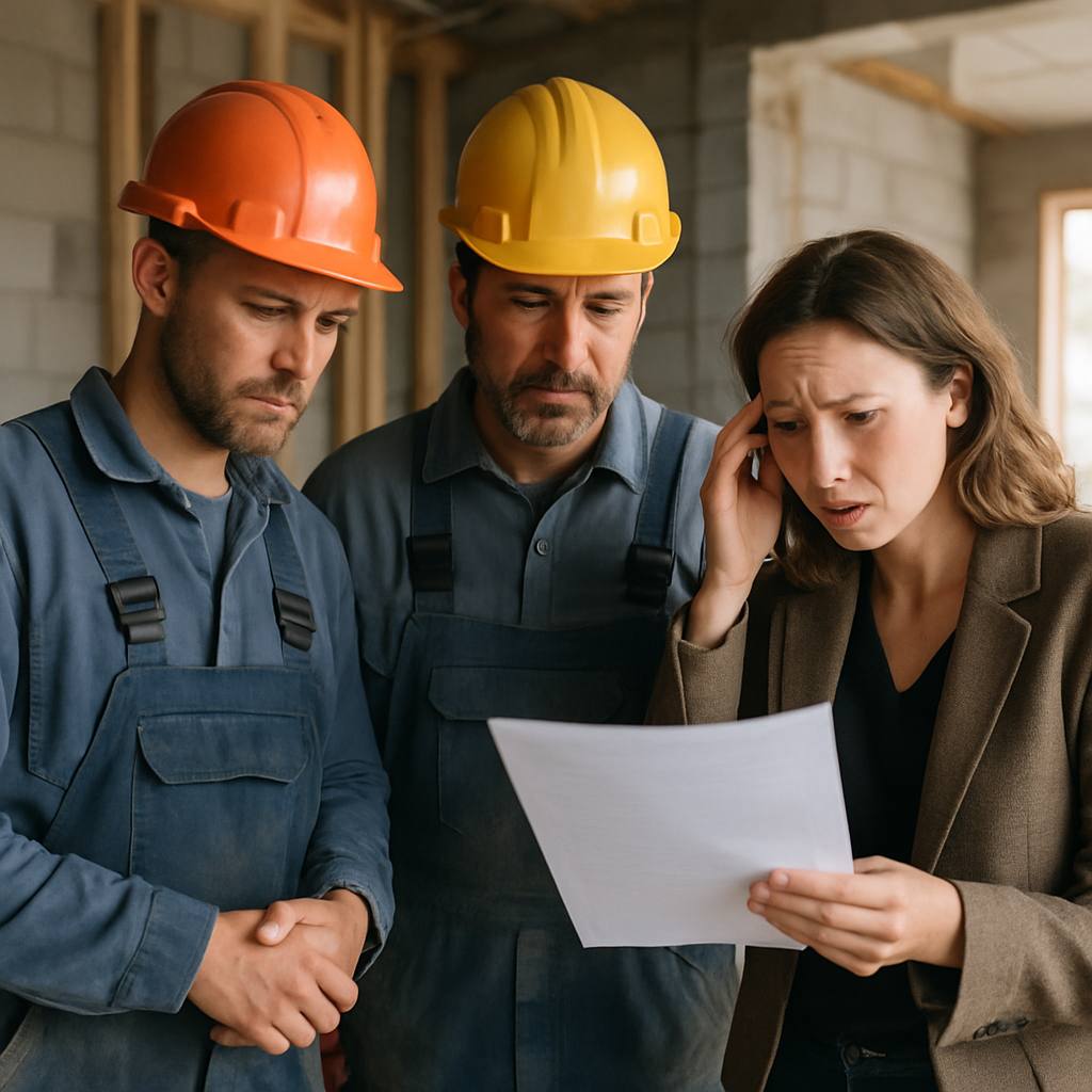 Deux artisans du bâtiment discutant avec un client déçu devant un document, évoquant un malentendu sur les garanties.