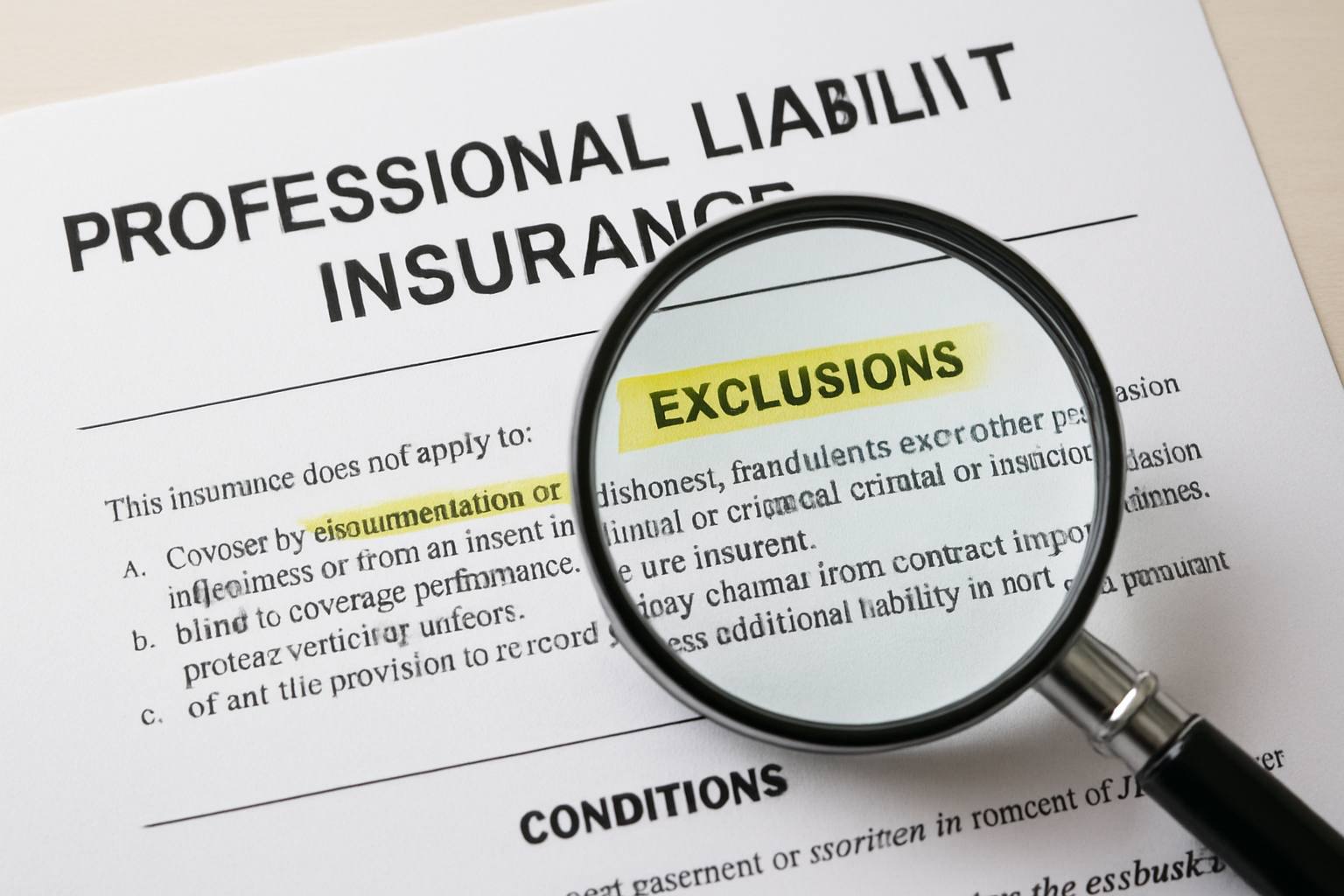 Une loupe inspectant un contrat d'assurance RC Pro avec des clauses soulignées.