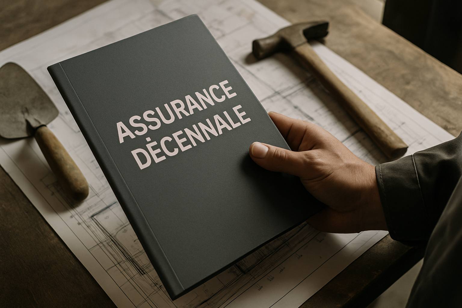 Main d'artisan avec un dossier d'assurance, symbolisant la gestion des litiges décennaux