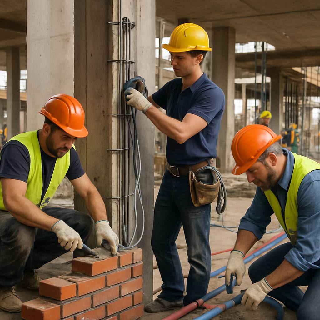 Divers métiers du bâtiment sur un chantier, chacun avec des risques spécifiques