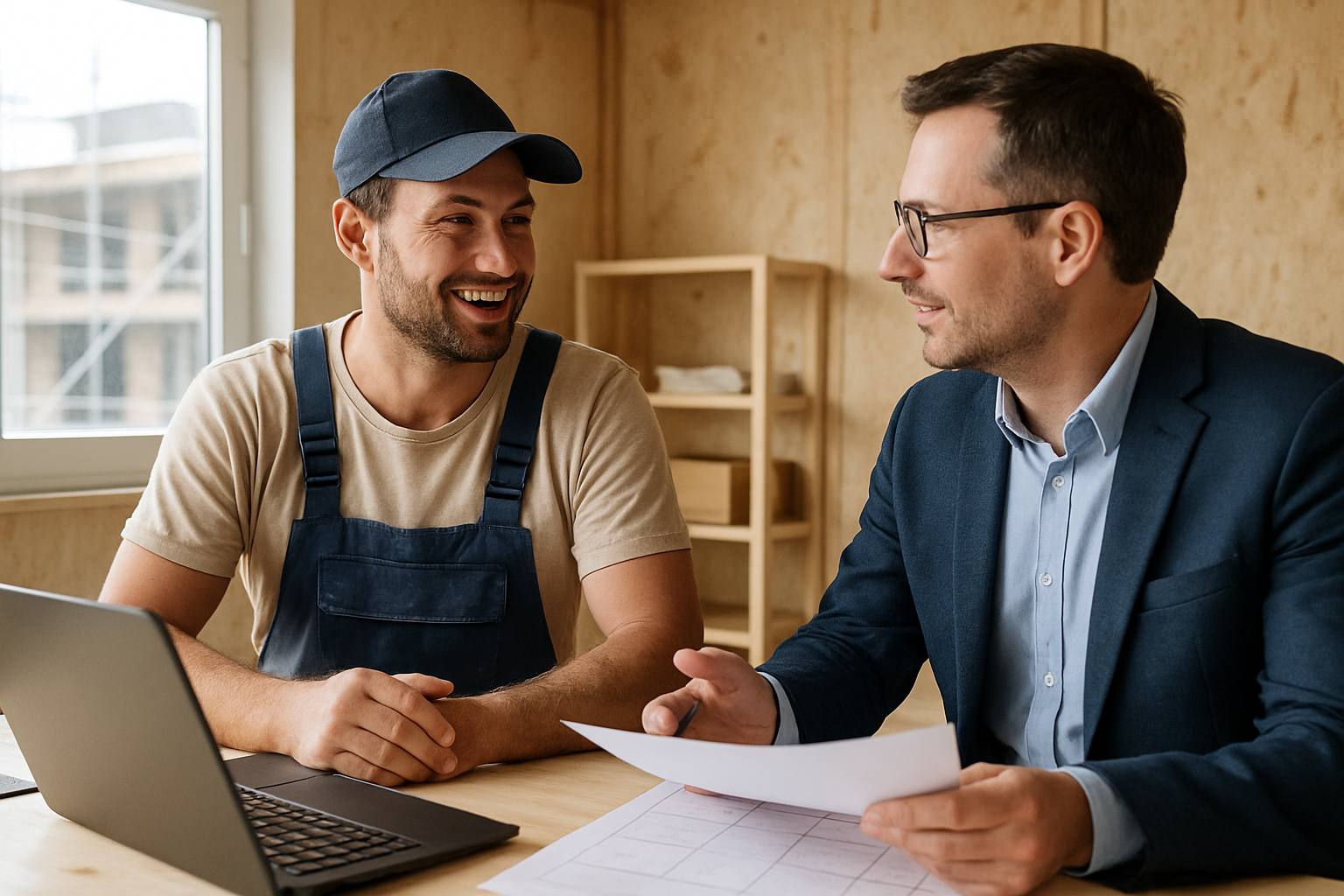 Artisan du bâtiment discutant avec un client sur un chantier, illustrant la relation professionnelle et la responsabilité