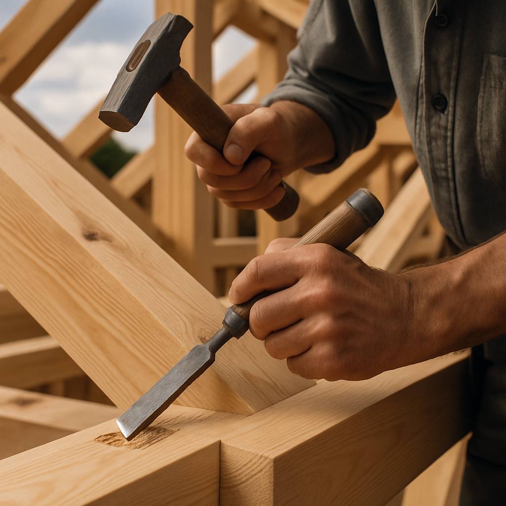 Gros plan sur les mains d'un charpentier travaillant le bois avec précision sur une charpente