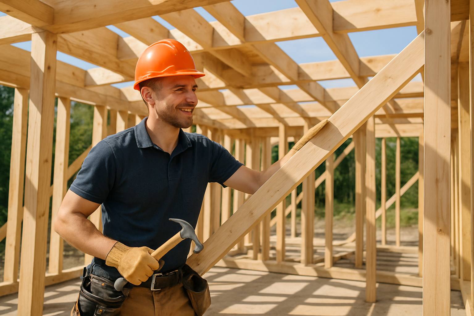 Un charpentier professionnel sur un chantier de construction en bois, casqué et sécurisé