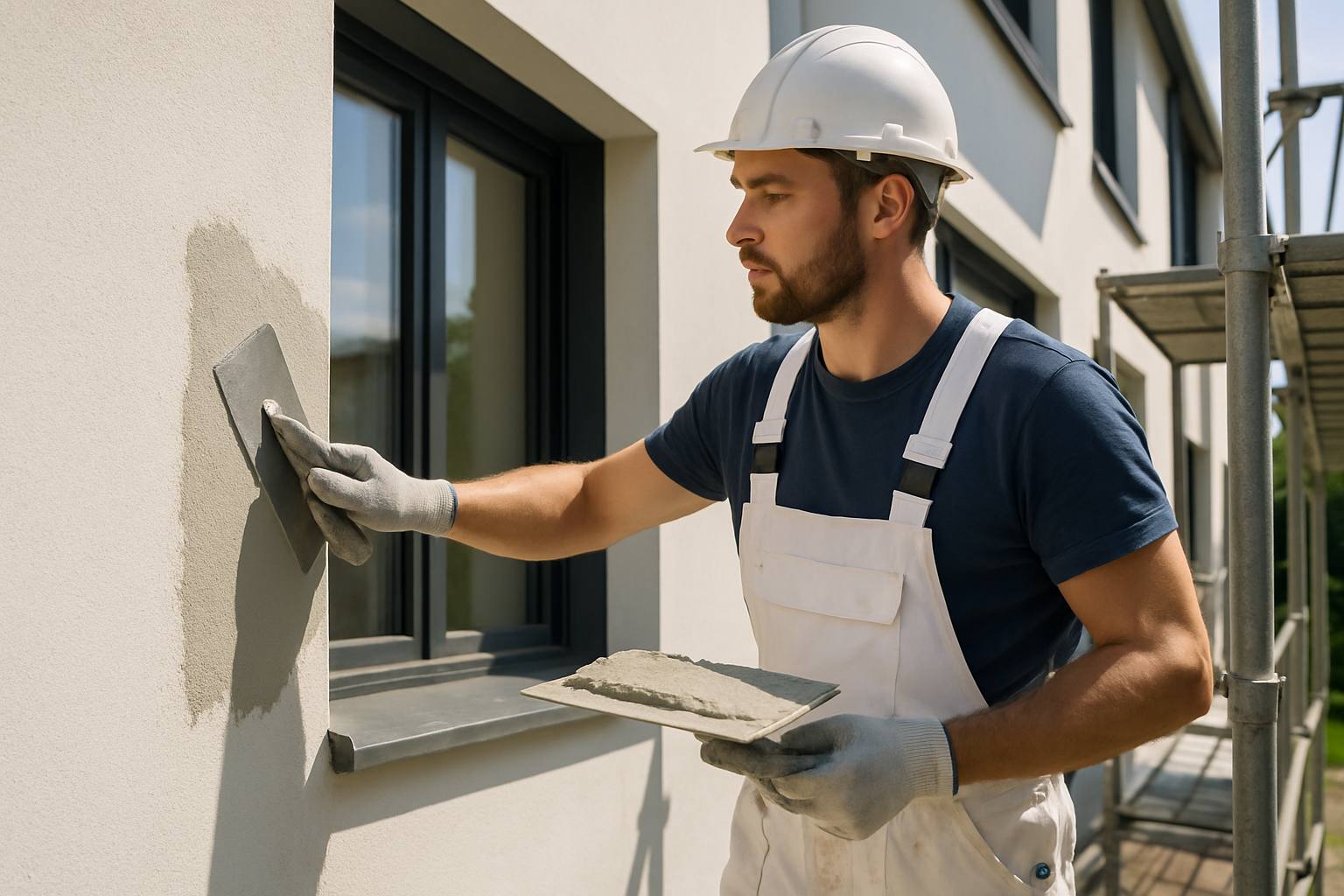 Façadier appliquant un enduit sur une façade moderne