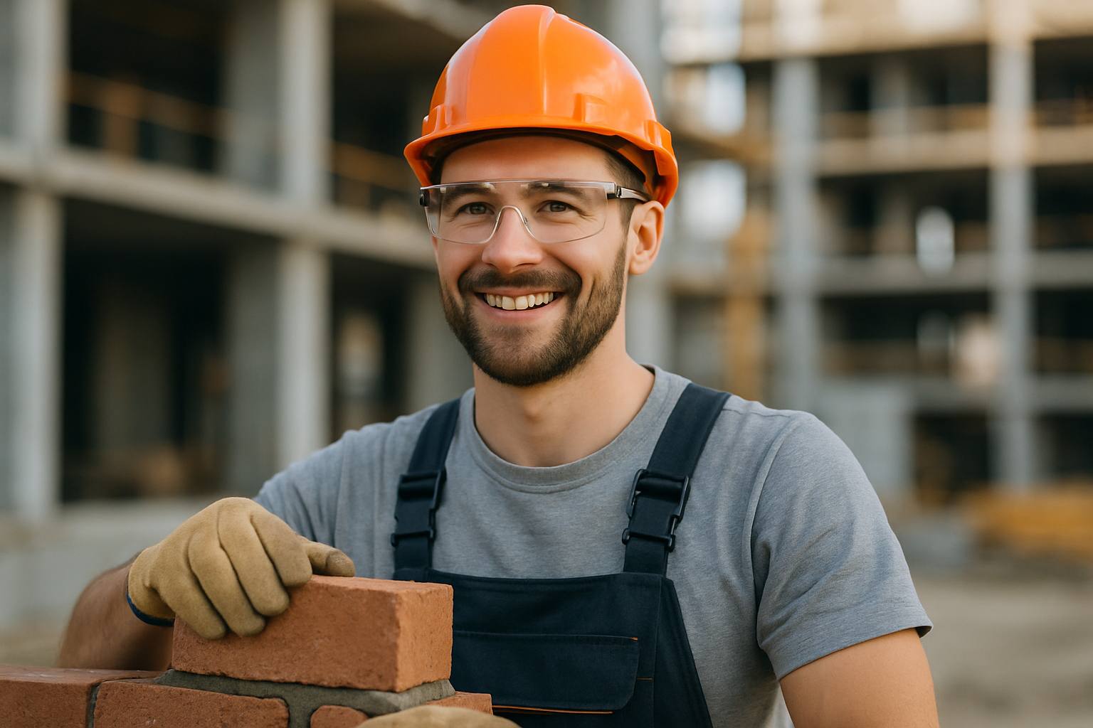Photo réaliste d'un maçon en tenue de travail souriant, sur un chantier moderne, en arrière-plan flou, lumière naturelle, ambiance professionnelle et rassurante, cadrage paysage, sans texte ni logo.