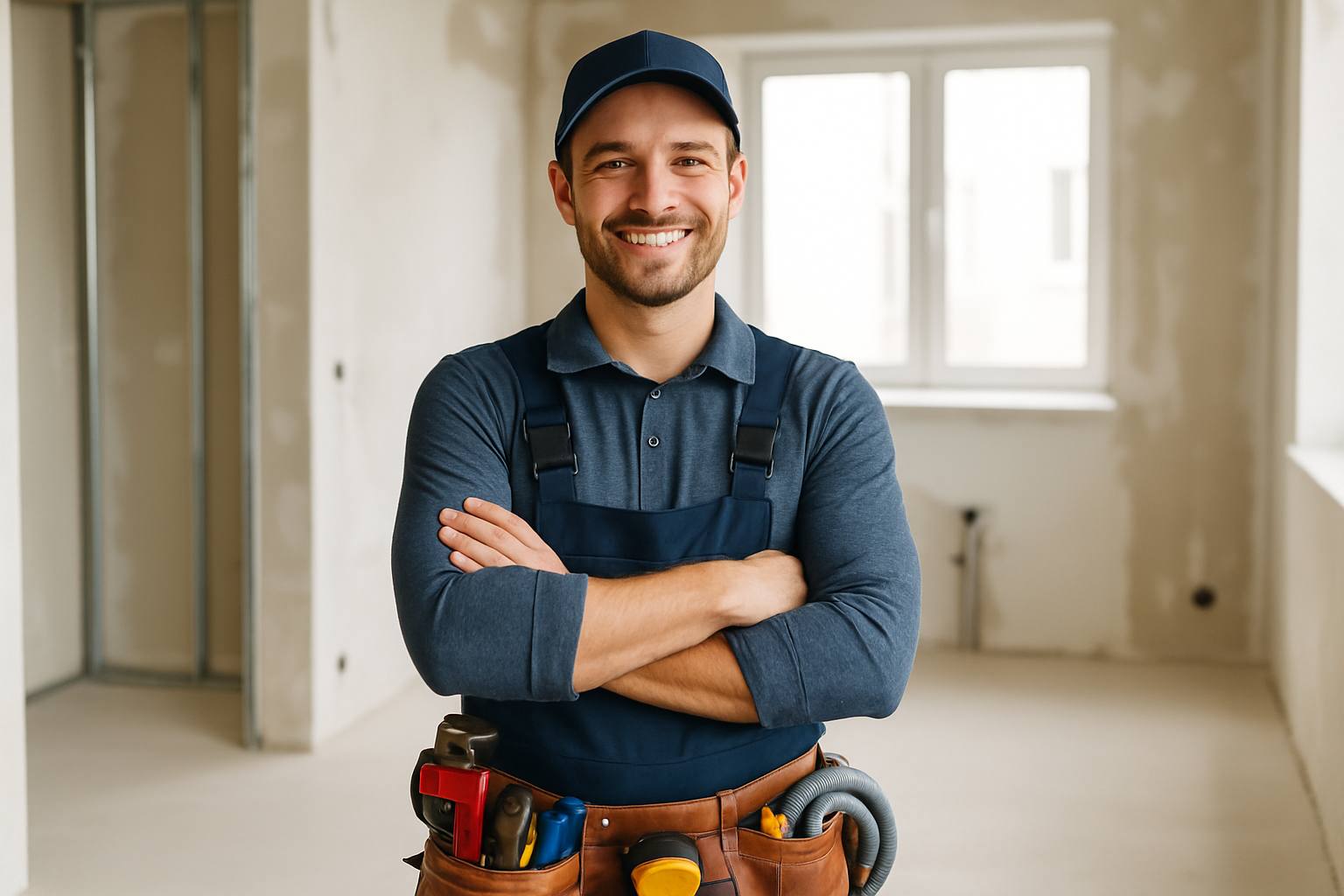 Plombier souriant sur un chantier moderne, tenue de travail propre, outils à la ceinture