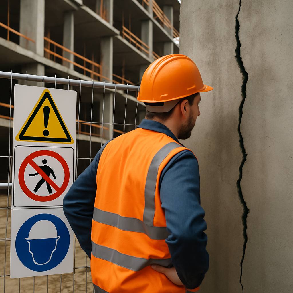 Ouvrier du bâtiment préoccupé par un défaut sur un mur de chantier