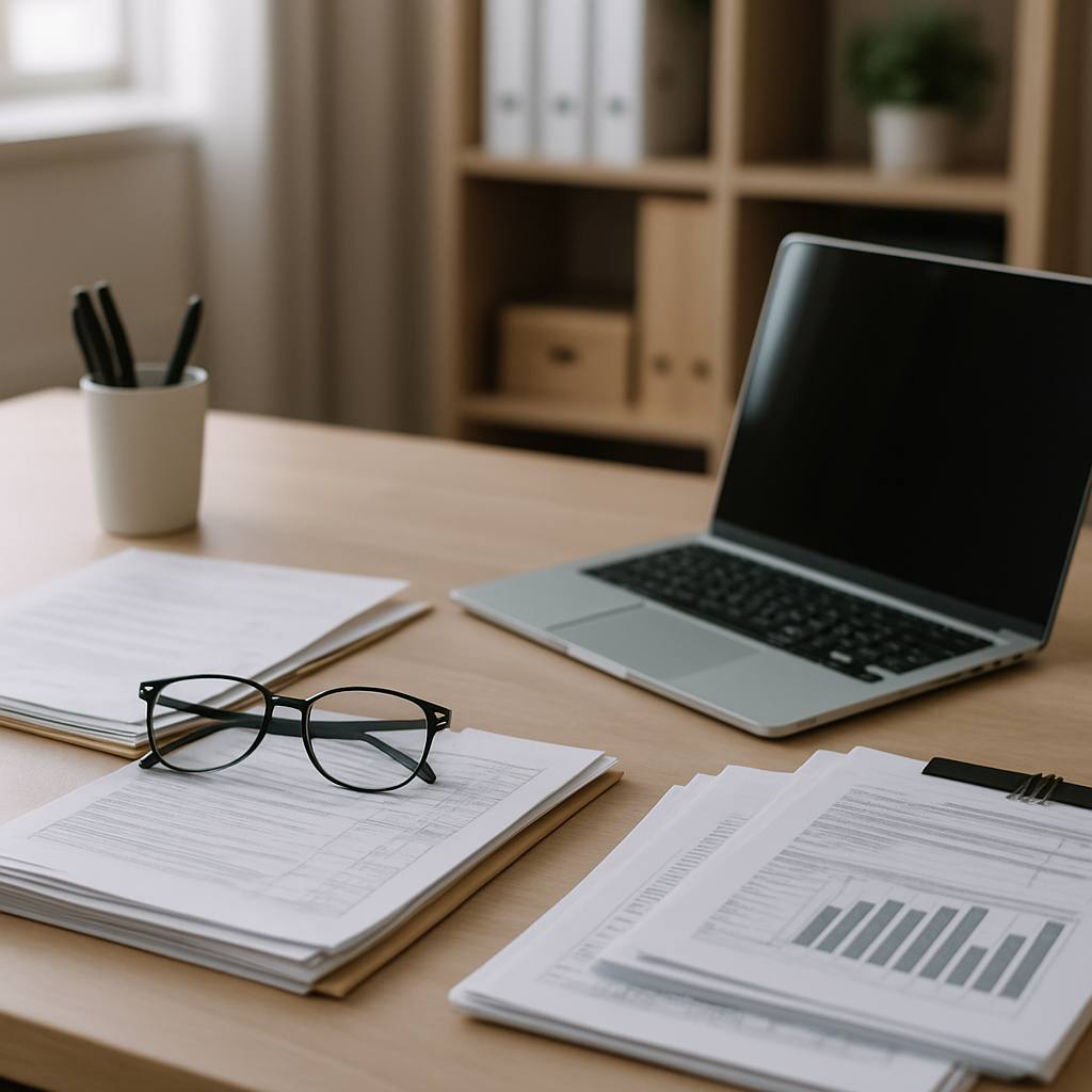 Un bureau ordonné avec des documents professionnels, un ordinateur portable et des lunettes, symbolisant la préparation d'un dossier d'assurance décennale.